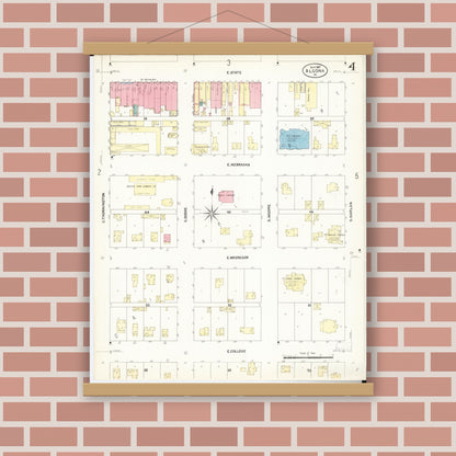 Old map wall art mockup — magnetic wood frame on brick wall — Sanborn Fire Insurance Map from Algona, Kossuth County, Iowa (1907), Sheet #0004