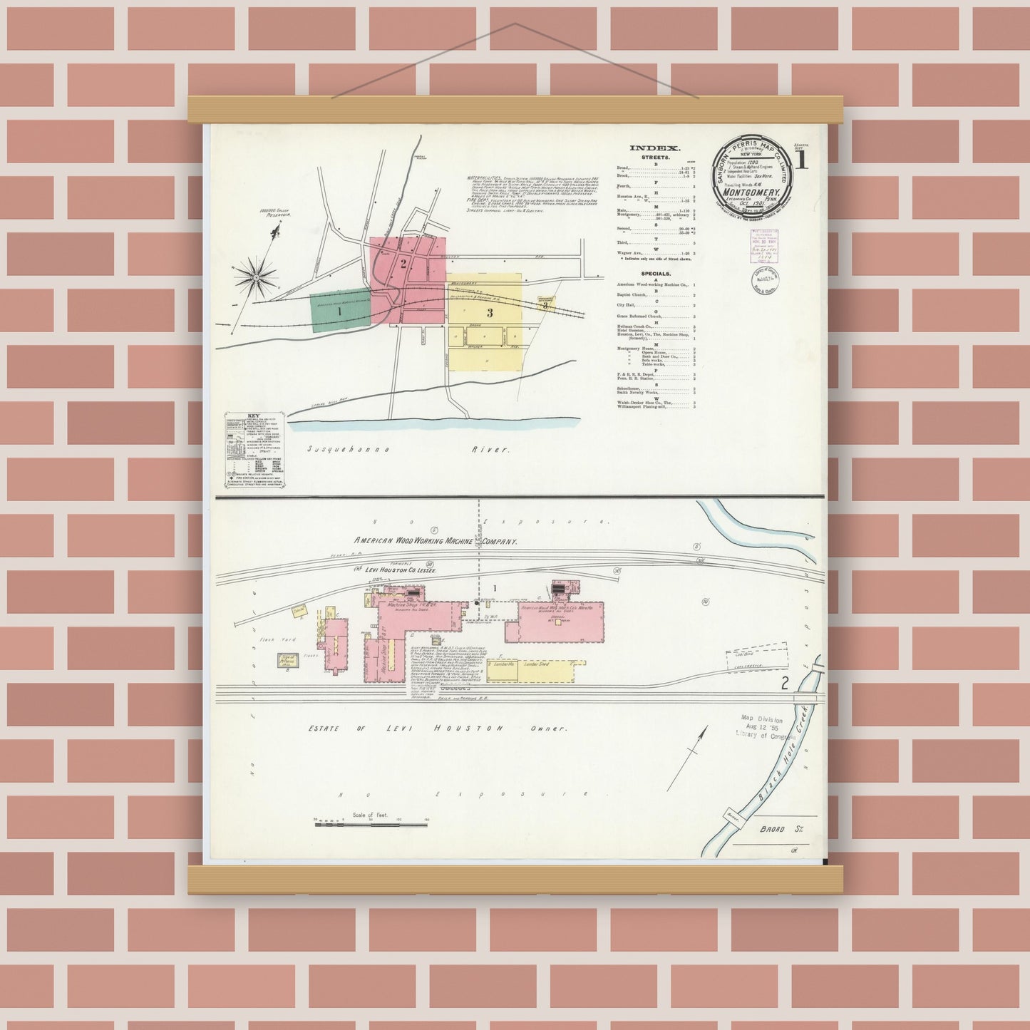 Old map wall art mockup — magnetic wood frame on brick wall — Sanborn Fire Insurance Map from Montgomery, Lycoming County, Pennsylvania (1901) - Complete Map Set