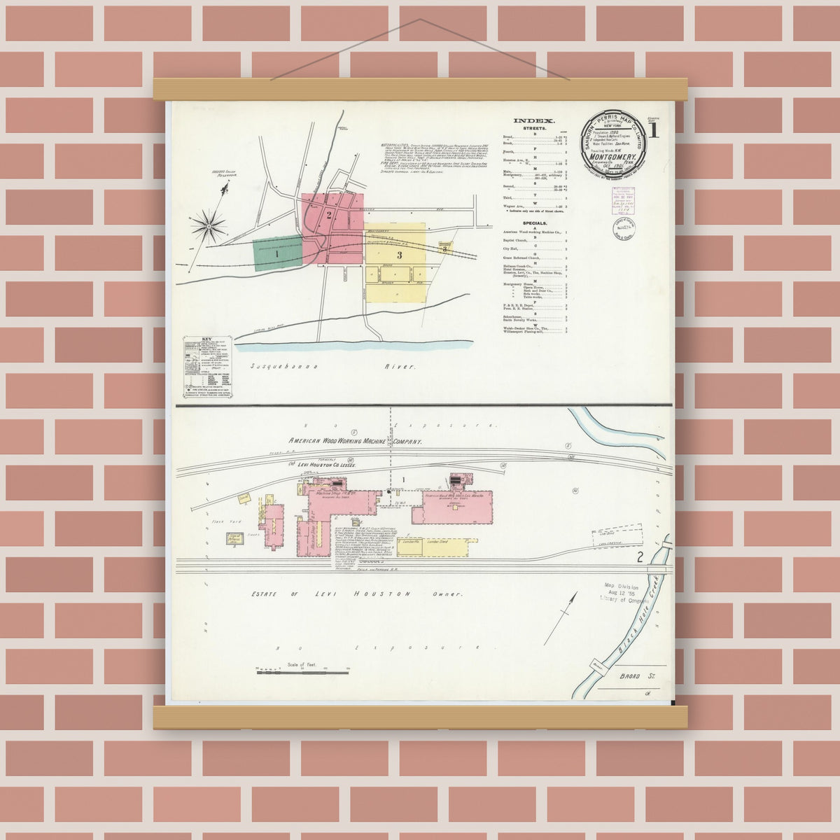 Old map wall art mockup — magnetic wood frame on brick wall — Sanborn Fire Insurance Map from Montgomery, Lycoming County, Pennsylvania (1901) - Complete Map Set