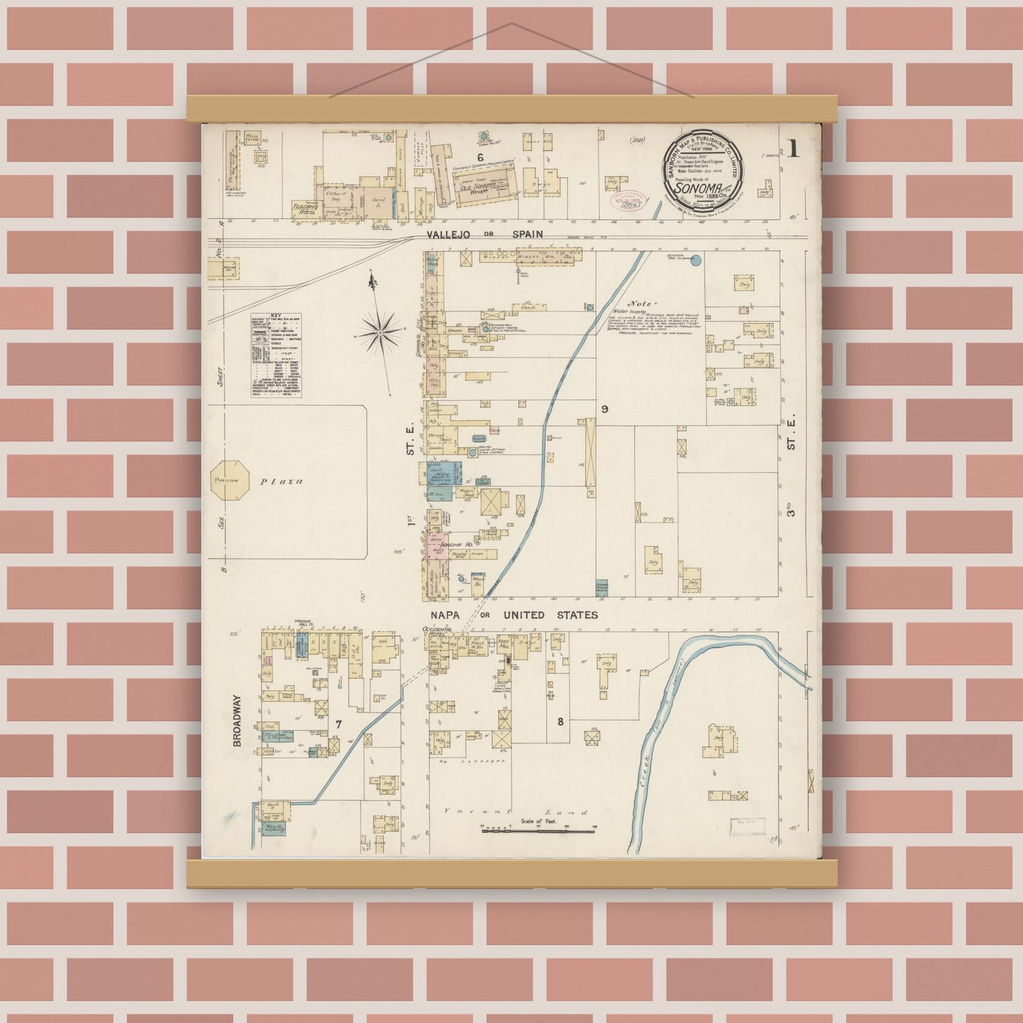 Old map wall art mockup — magnetic wood frame on brick wall — Sanborn Fire Insurance Map from Sonoma, Sonoma County, California (1888) - Complete Map Set