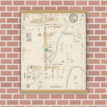 Old map wall art mockup — magnetic wood frame on brick wall — Sanborn Fire Insurance Map from Sonoma, Sonoma County, California (1888) - Complete Map Set