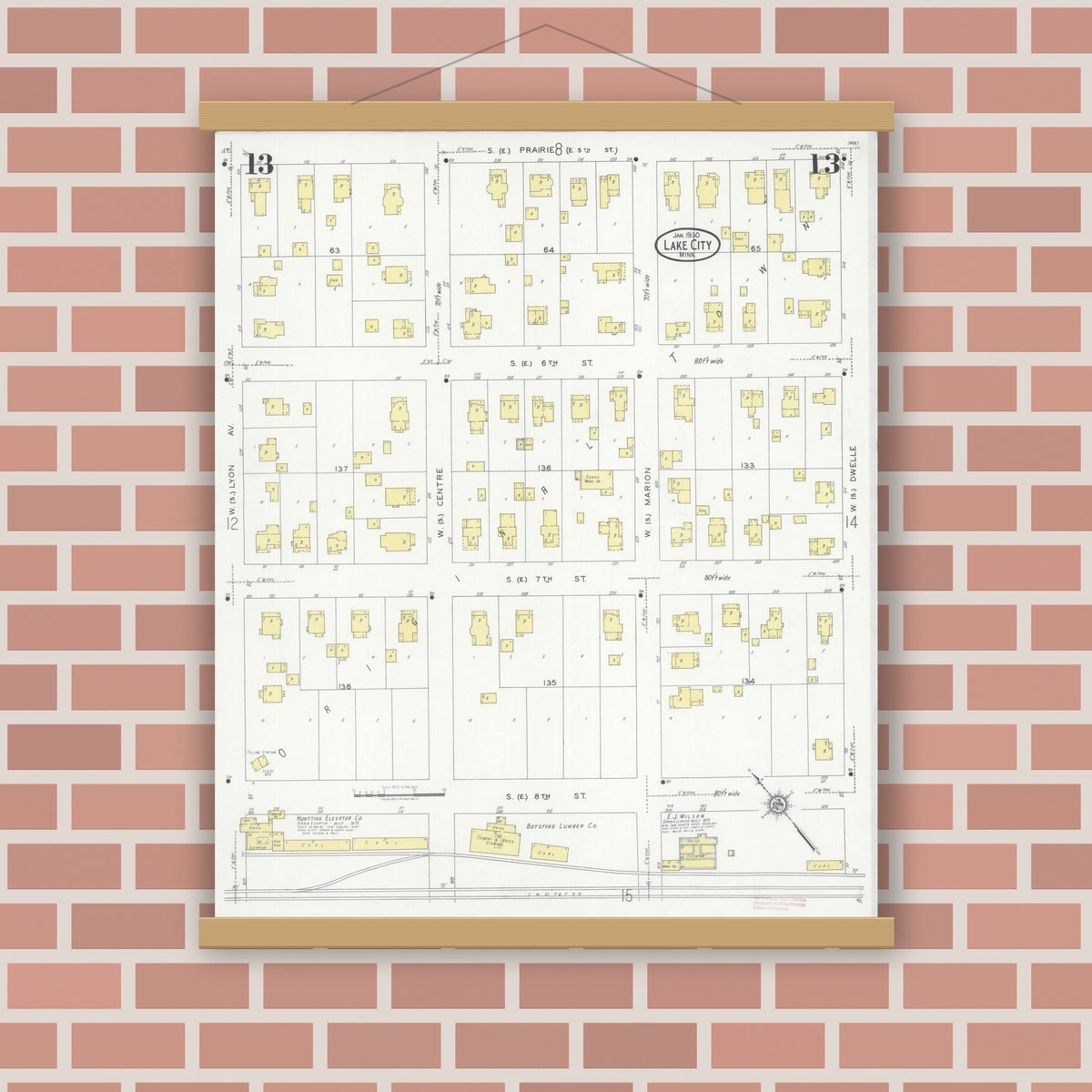 Old map wall art mockup — magnetic wood frame on brick wall — Sanborn Fire Insurance Map from Lake City, Wabasha County, Minnesota (1930), Sheet #0013