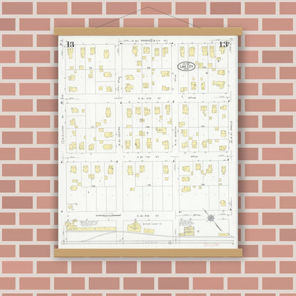Old map wall art mockup — magnetic wood frame on brick wall — Sanborn Fire Insurance Map from Lake City, Wabasha County, Minnesota (1930), Sheet #0013