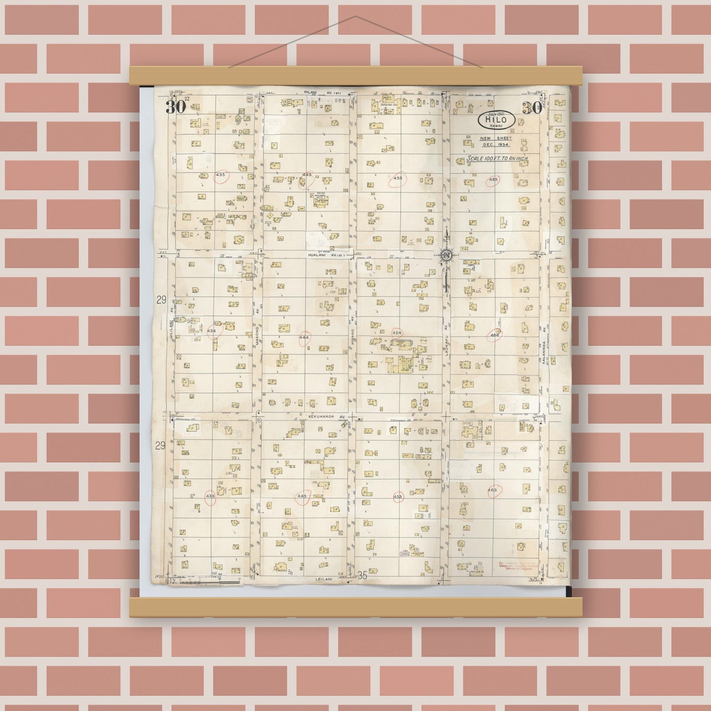 Old map wall art mockup — magnetic wood frame on brick wall — Sanborn Fire Insurance Map from Hilo, Hawaii County, Hawaii (1957), Sheet #0030