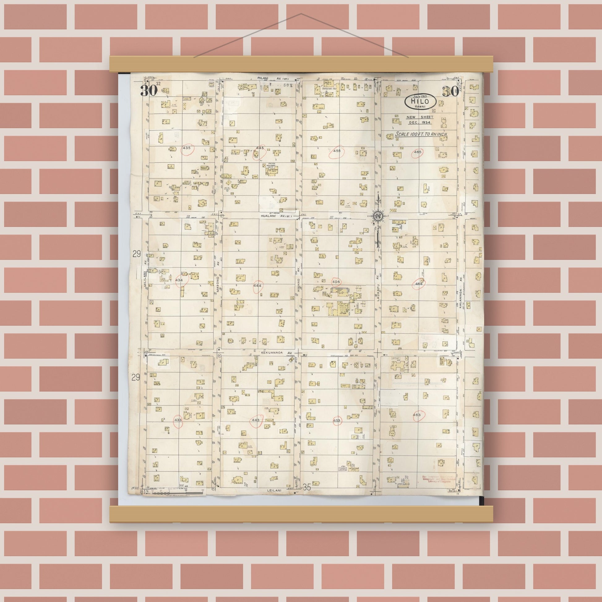 Old map wall art mockup — magnetic wood frame on brick wall — Sanborn Fire Insurance Map from Hilo, Hawaii County, Hawaii (1957), Sheet #0030