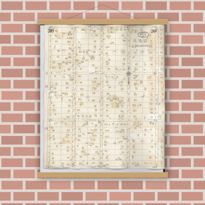 Old map wall art mockup — magnetic wood frame on brick wall — Sanborn Fire Insurance Map from Hilo, Hawaii County, Hawaii (1957), Sheet #0030