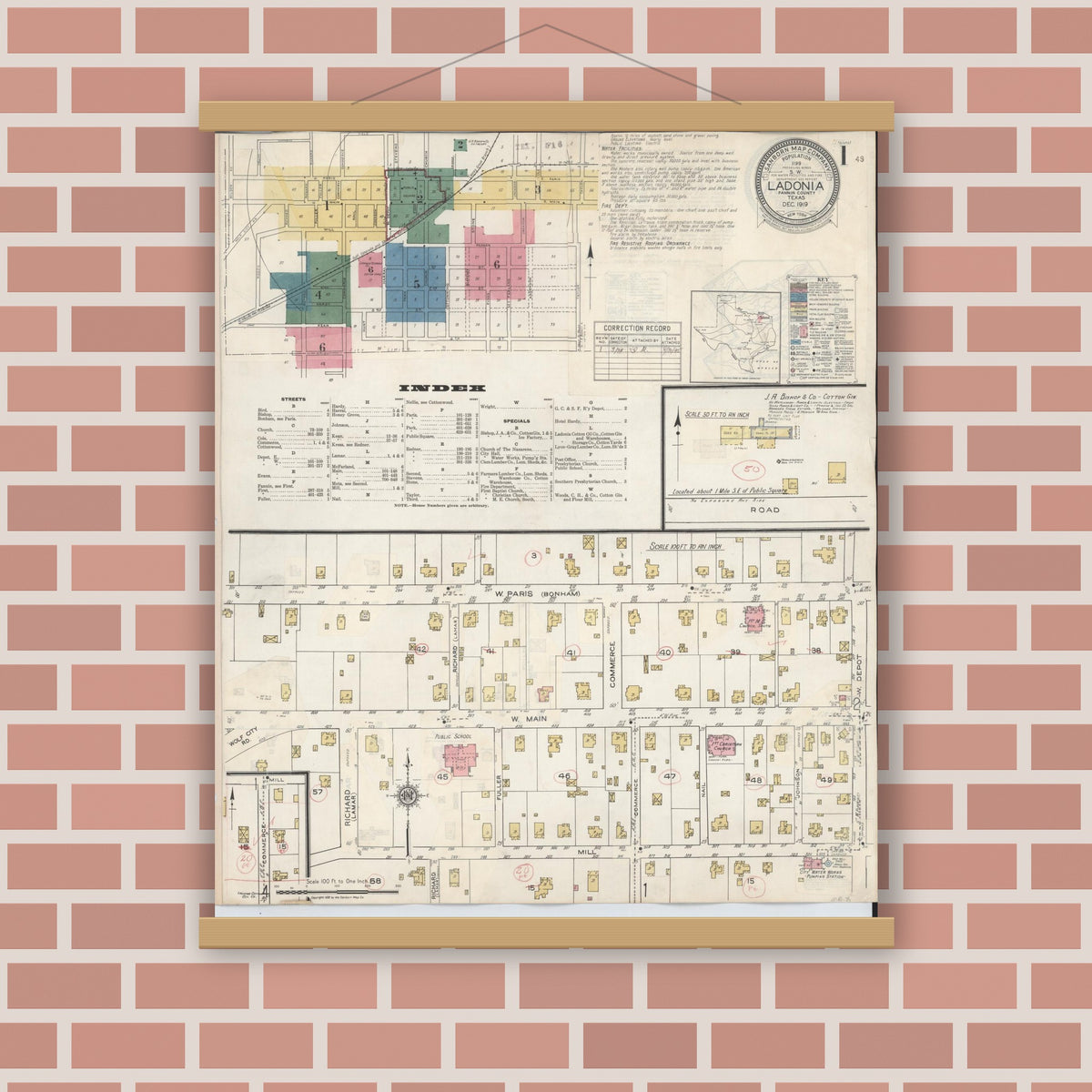Old map wall art mockup — magnetic wood frame on brick wall — Sanborn Fire Insurance Map from Ladonia, Fannin County, Texas (1934), Sheet #0001