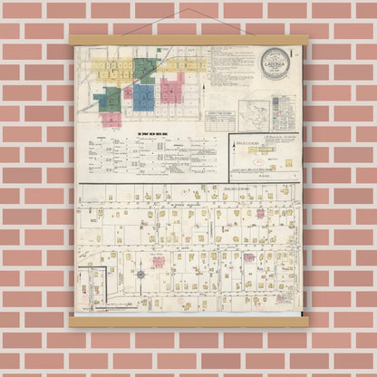 Old map wall art mockup — magnetic wood frame on brick wall — Sanborn Fire Insurance Map from Ladonia, Fannin County, Texas (1934), Sheet #0001
