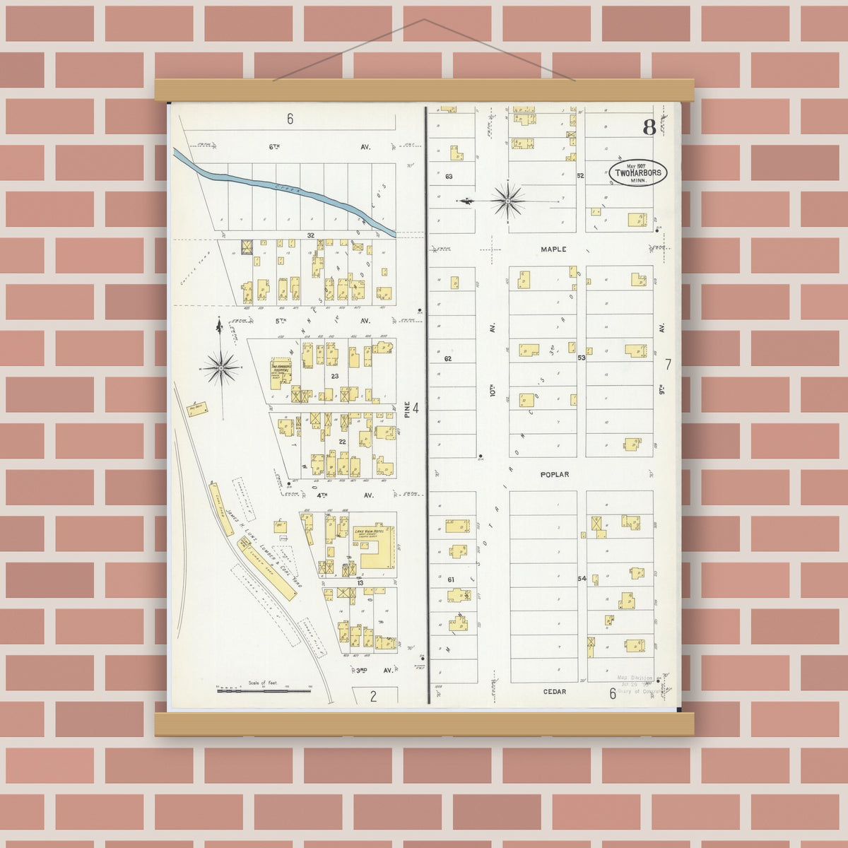 Old map wall art mockup — magnetic wood frame on brick wall — Sanborn Fire Insurance Map from Two Harbors, Lake County, Minnesota (1907), Sheet #0008