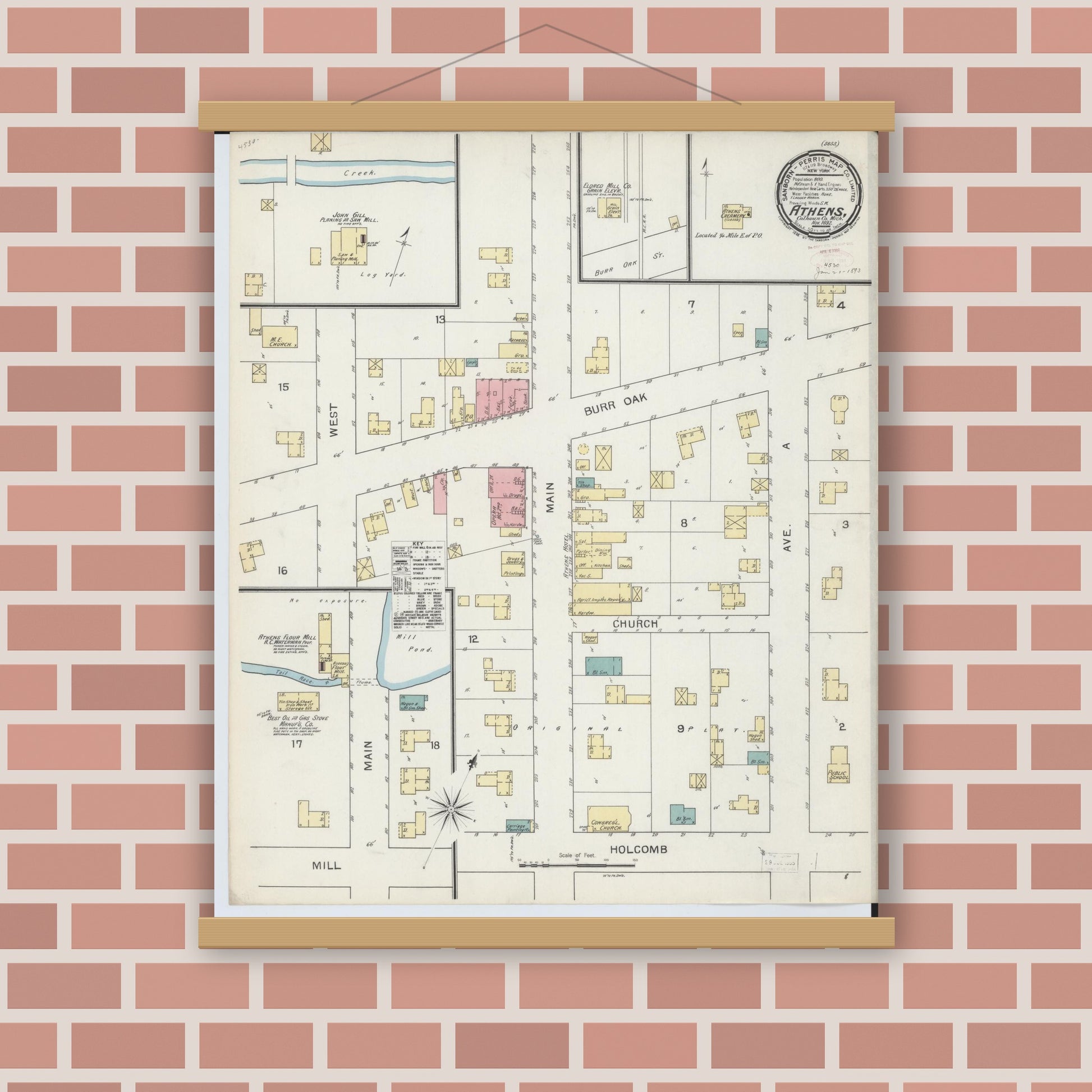 Old map wall art mockup — magnetic wood frame on brick wall — Sanborn Fire Insurance Map from Athens, Calhoun County, Michigan (1892), Sheet #0001