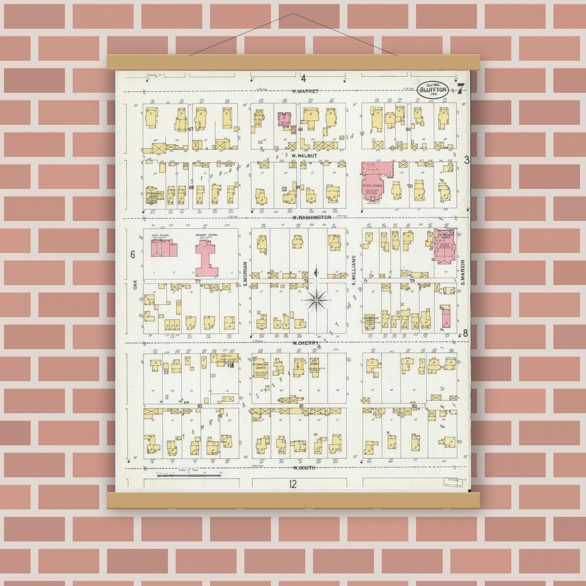 Old map wall art mockup — magnetic wood frame on brick wall — Sanborn Fire Insurance Map from Bluffton, Wells County, Indiana (1900), Sheet #0007