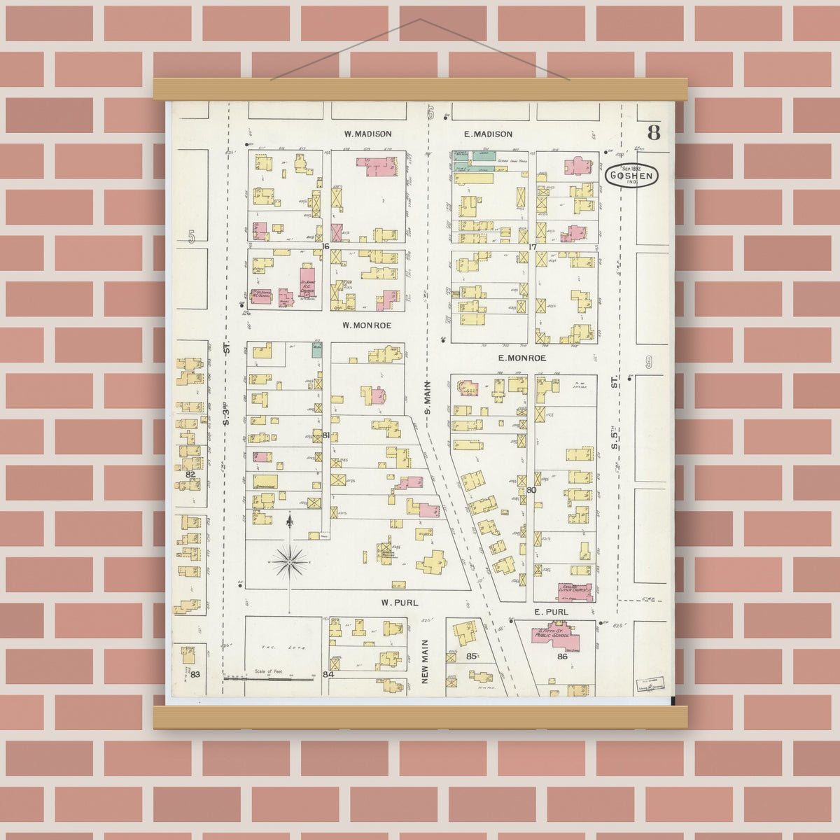 Old map wall art mockup — magnetic wood frame on brick wall — Sanborn Fire Insurance Map from Goshen, Elkhart County, Indiana (1892), Sheet #0008