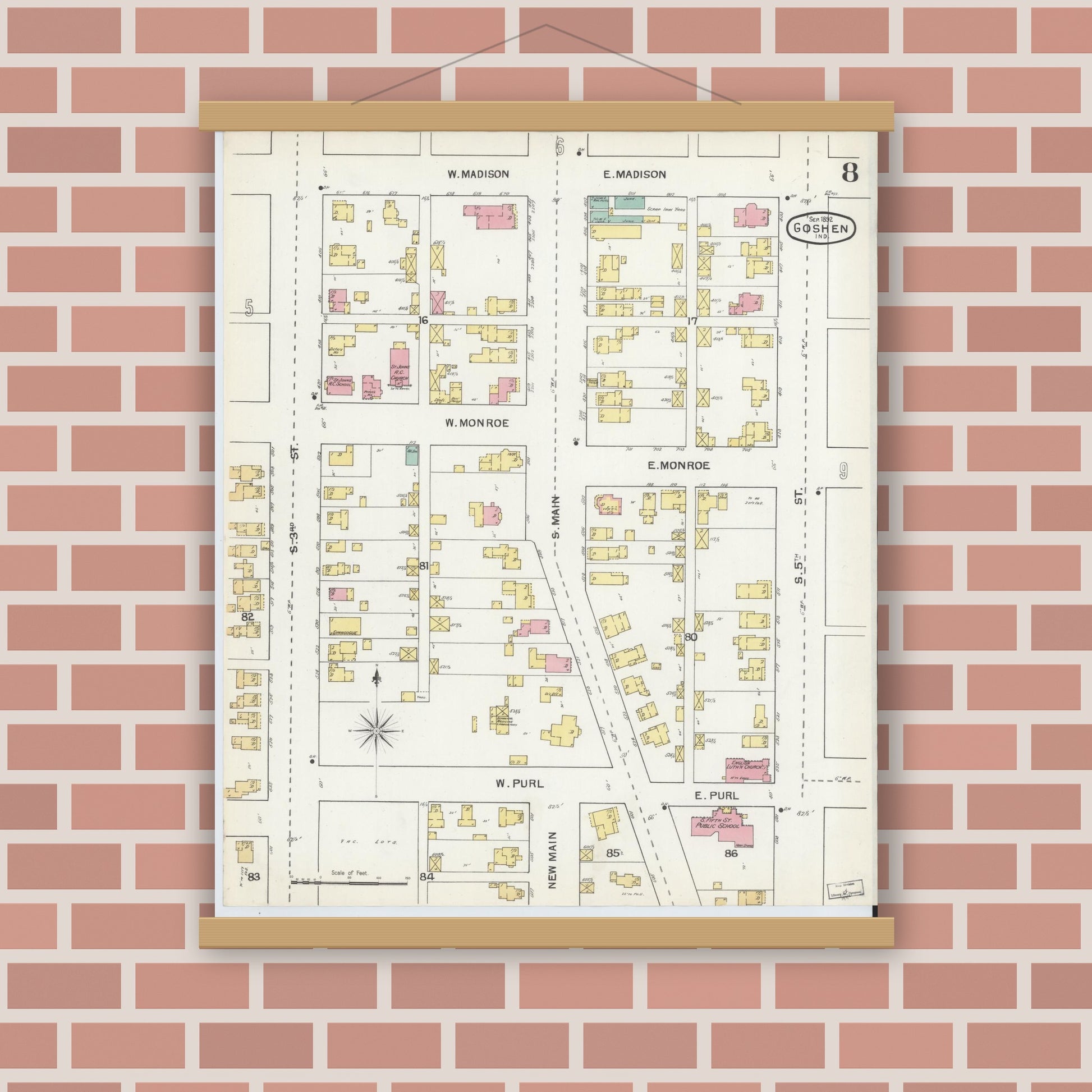 Old map wall art mockup — magnetic wood frame on brick wall — Sanborn Fire Insurance Map from Goshen, Elkhart County, Indiana (1892), Sheet #0008