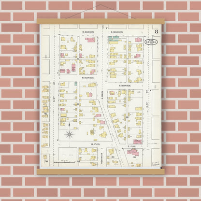 Old map wall art mockup — magnetic wood frame on brick wall — Sanborn Fire Insurance Map from Goshen, Elkhart County, Indiana (1892), Sheet #0008