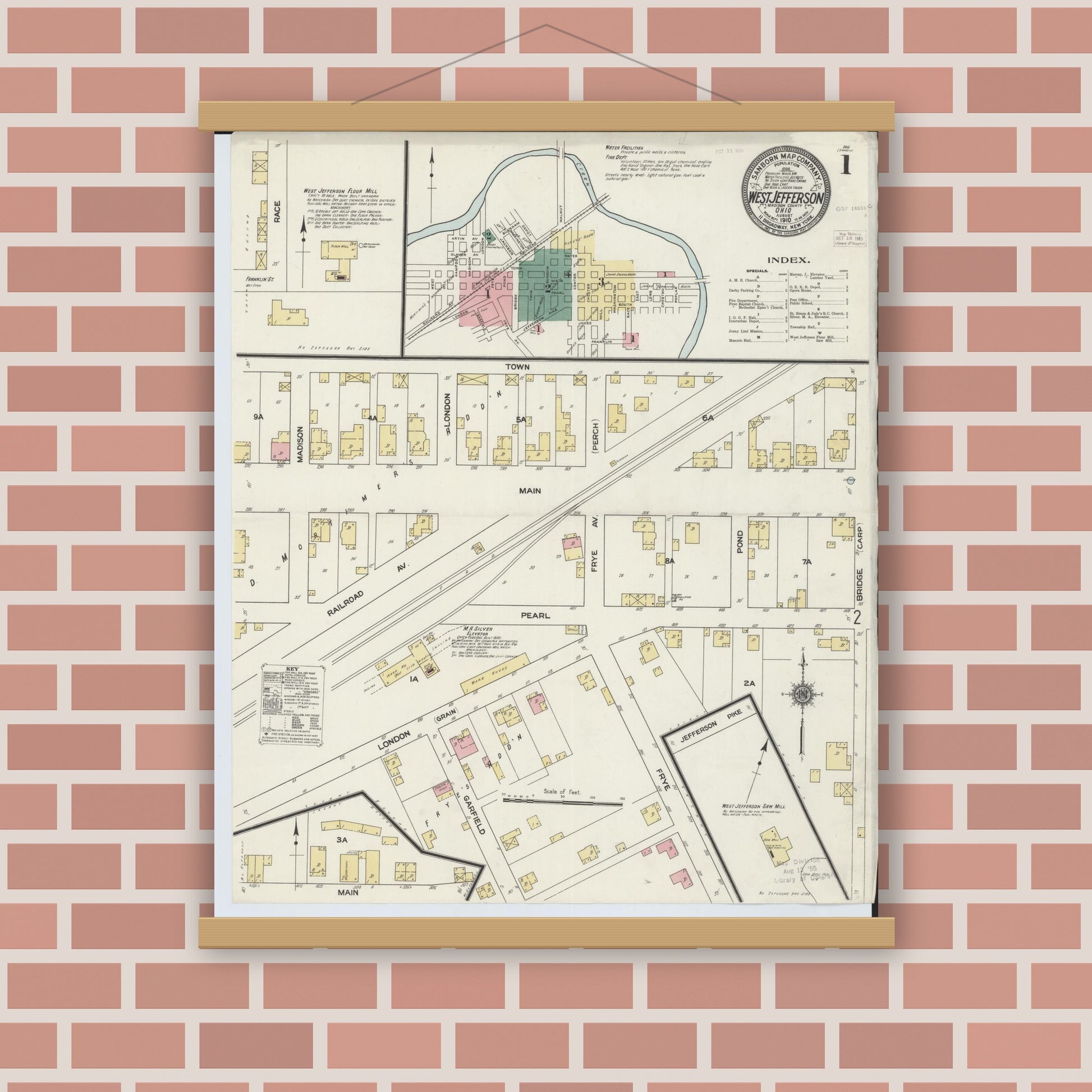 Old map wall art mockup — magnetic wood frame on brick wall — Sanborn Fire Insurance Map from West Jefferson, Madison County, Ohio (1910), Sheet #0001