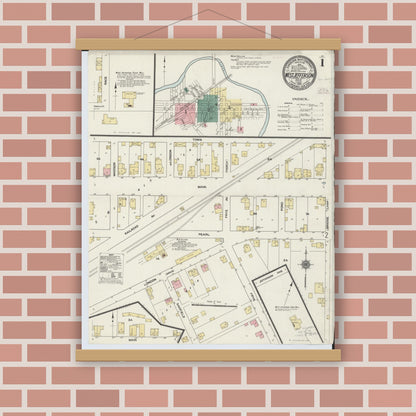 Old map wall art mockup — magnetic wood frame on brick wall — Sanborn Fire Insurance Map from West Jefferson, Madison County, Ohio (1910), Sheet #0001