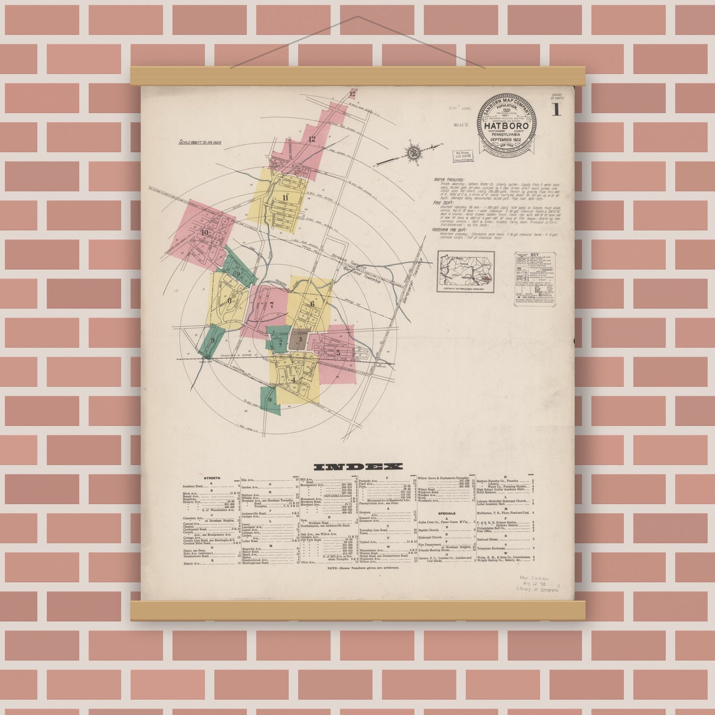 Old map wall art mockup — magnetic wood frame on brick wall — Sanborn Fire Insurance Map from Hatboro, Montgomery County, Pennsylvania (1922), Sheet #0001