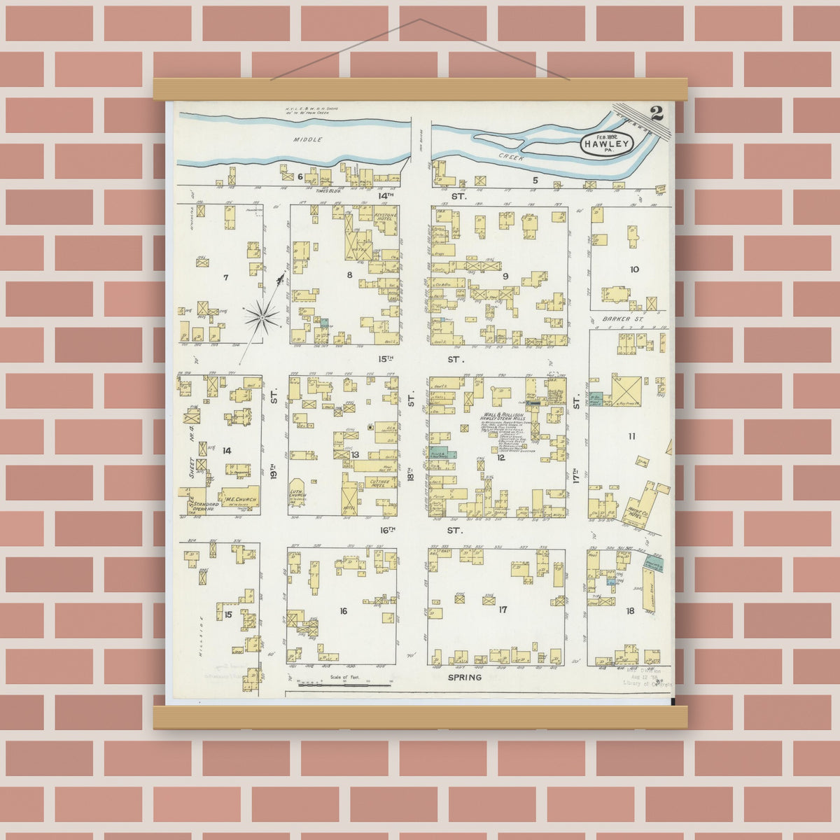 Old map wall art mockup — magnetic wood frame on brick wall — Sanborn Fire Insurance Map from Hawley, Wayne County, Pennsylvania (1892), Sheet #0002