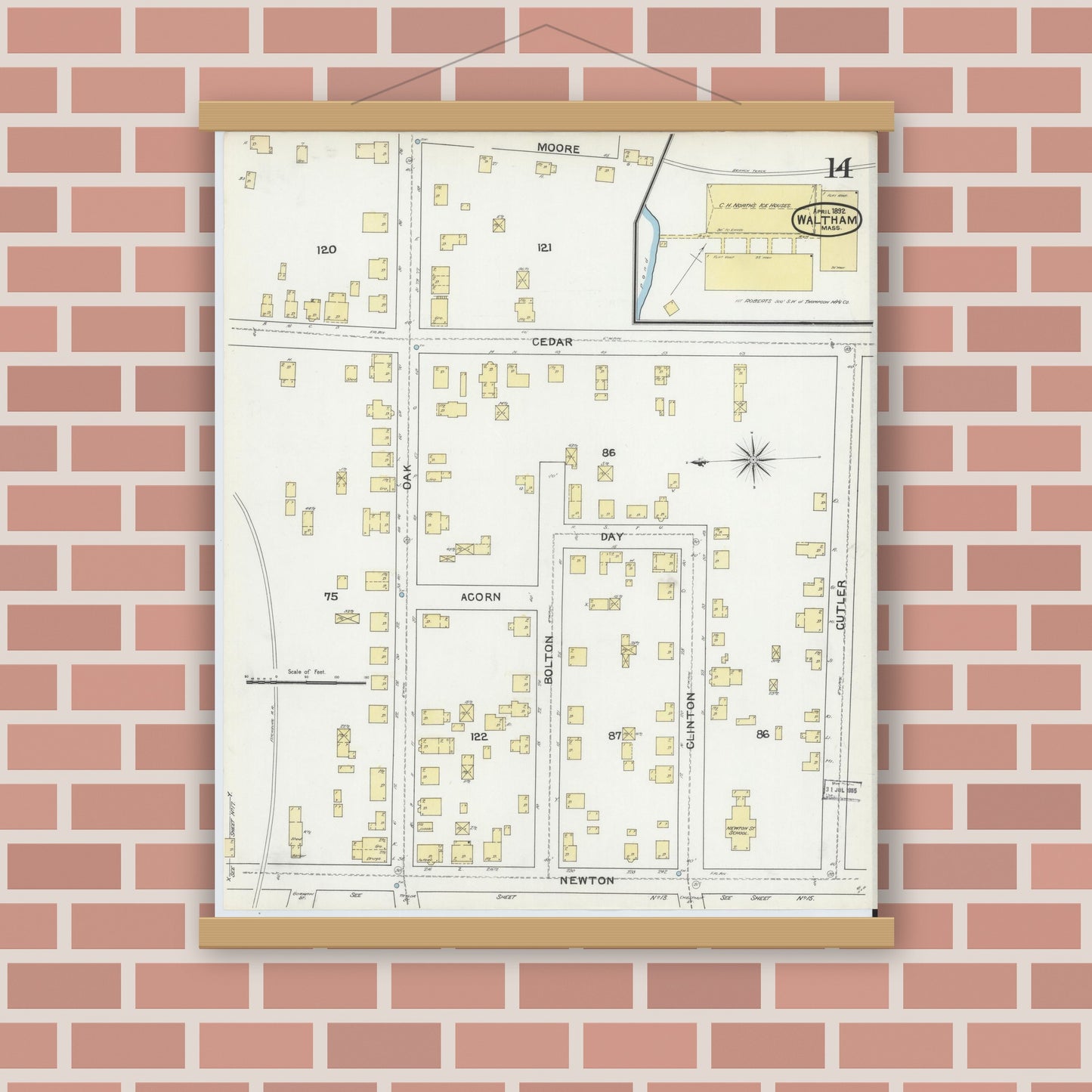 Old map wall art mockup — magnetic wood frame on brick wall — Sanborn Fire Insurance Map from Waltham, Middlesex County, Massachusetts (1892), Sheet #0014