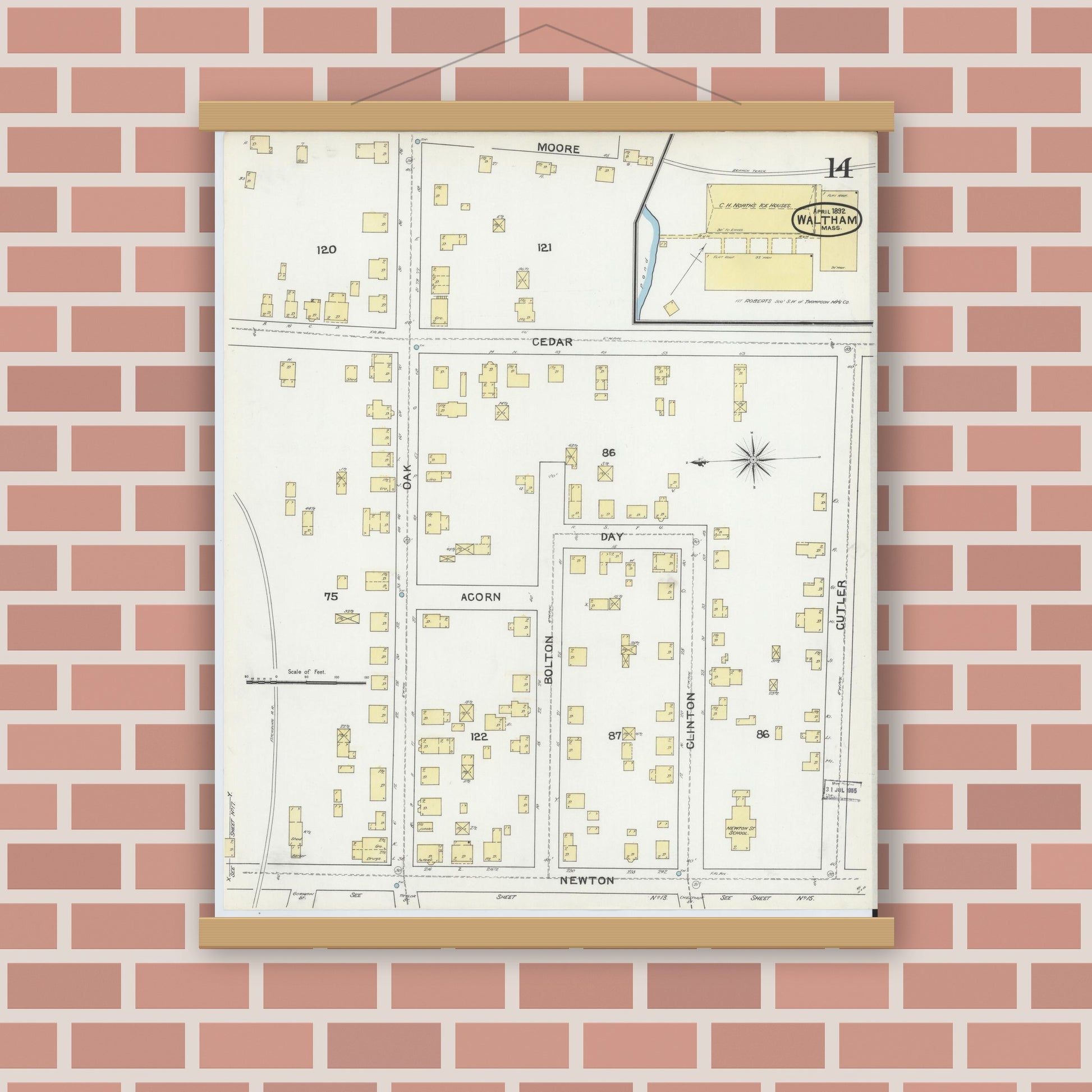 Old map wall art mockup — magnetic wood frame on brick wall — Sanborn Fire Insurance Map from Waltham, Middlesex County, Massachusetts (1892), Sheet #0014
