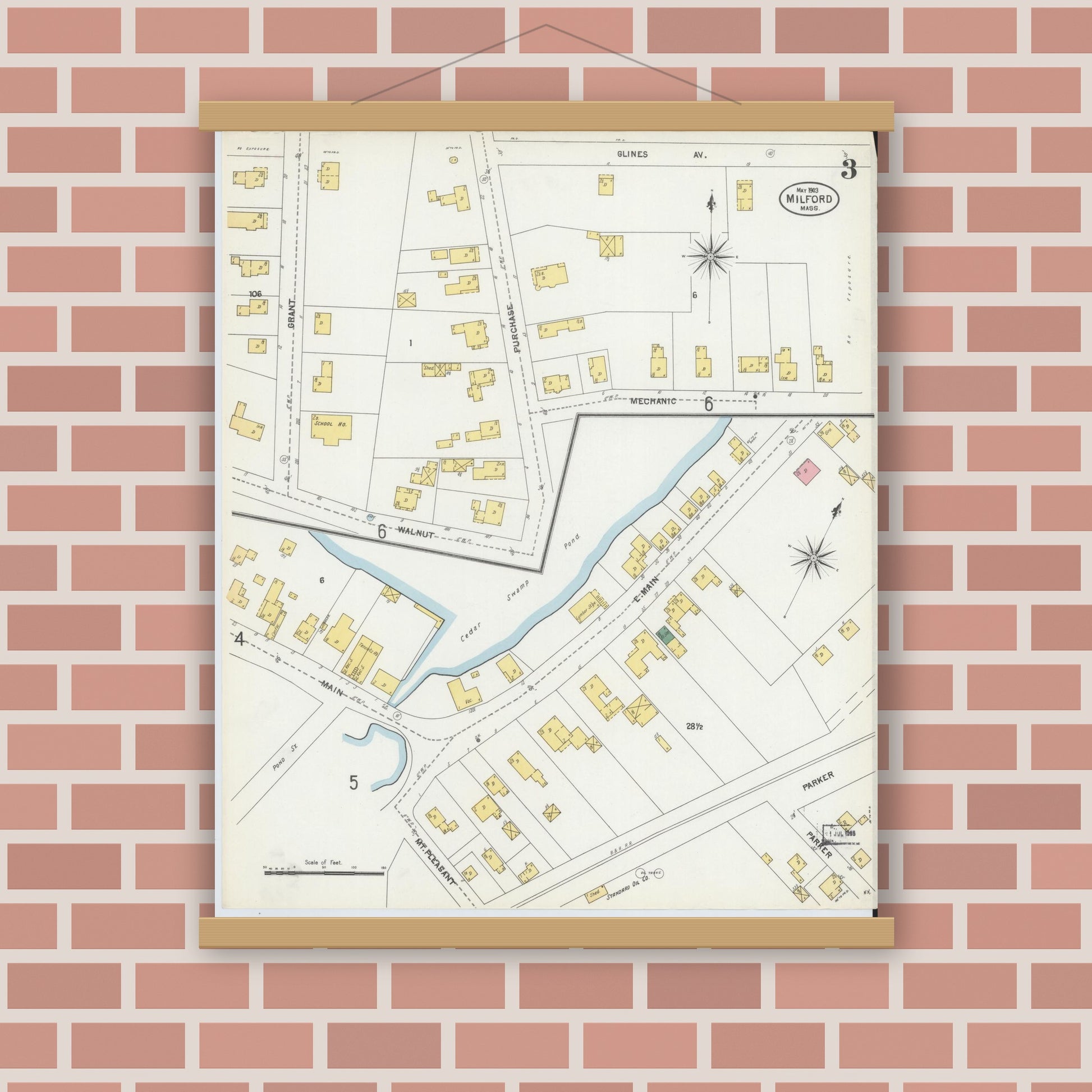 Old map wall art mockup — magnetic wood frame on brick wall — Sanborn Fire Insurance Map from Milford, Worcester County, Massachusetts (1903), Sheet #0003