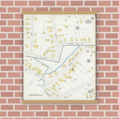 Old map wall art mockup — magnetic wood frame on brick wall — Sanborn Fire Insurance Map from Milford, Worcester County, Massachusetts (1903), Sheet #0003