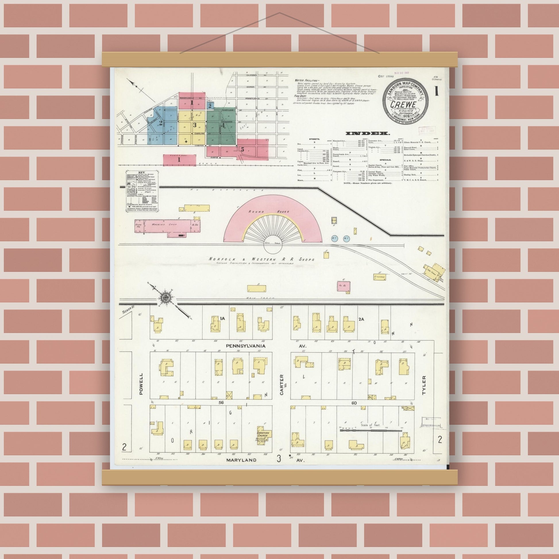Old map wall art mockup — magnetic wood frame on brick wall — Sanborn Fire Insurance Map from Crewe, Nottoway County, Virginia (1909), Sheet #0001