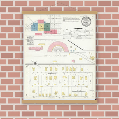 Old map wall art mockup — magnetic wood frame on brick wall — Sanborn Fire Insurance Map from Crewe, Nottoway County, Virginia (1909), Sheet #0001