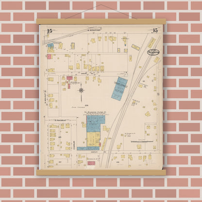 Old map wall art mockup — magnetic wood frame on brick wall — Sanborn Fire Insurance Map from Wilmington, Clinton County, Ohio (1922), Sheet #0015