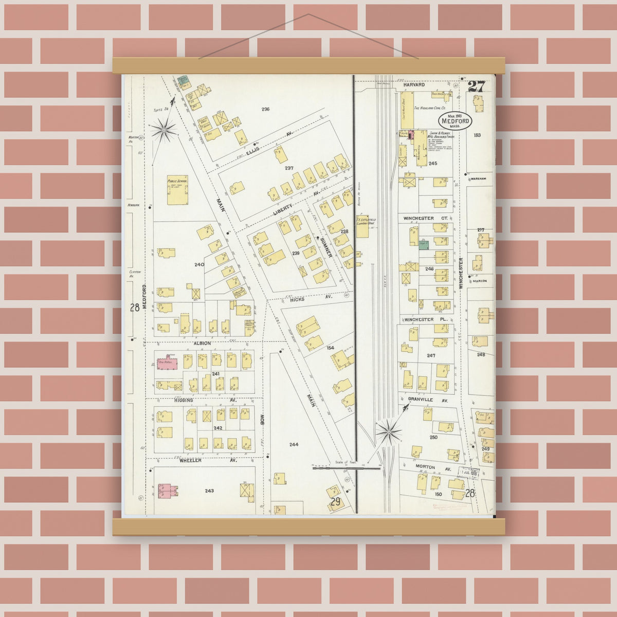 Old map wall art mockup — magnetic wood frame on brick wall — Sanborn Fire Insurance Map from Medford, Middlesex County, Massachusetts (1903), Sheet #0027