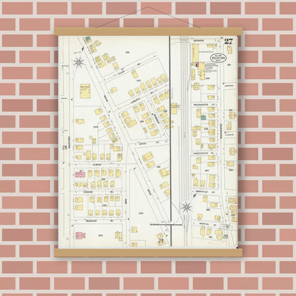 Old map wall art mockup — magnetic wood frame on brick wall — Sanborn Fire Insurance Map from Medford, Middlesex County, Massachusetts (1903), Sheet #0027