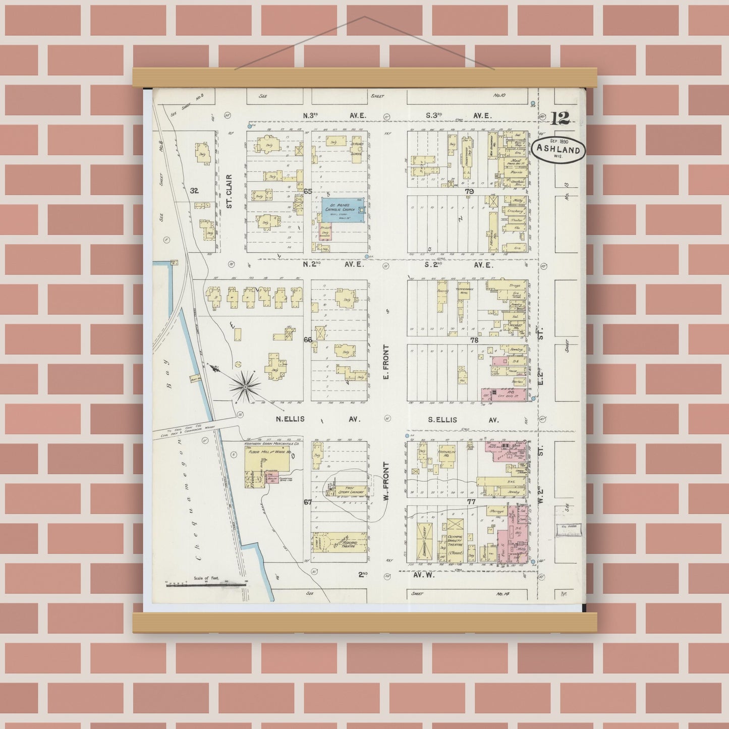 Old map wall art mockup — magnetic wood frame on brick wall — Sanborn Fire Insurance Map from Ashland, Ashland County, Wisconsin (1890), Sheet #0012