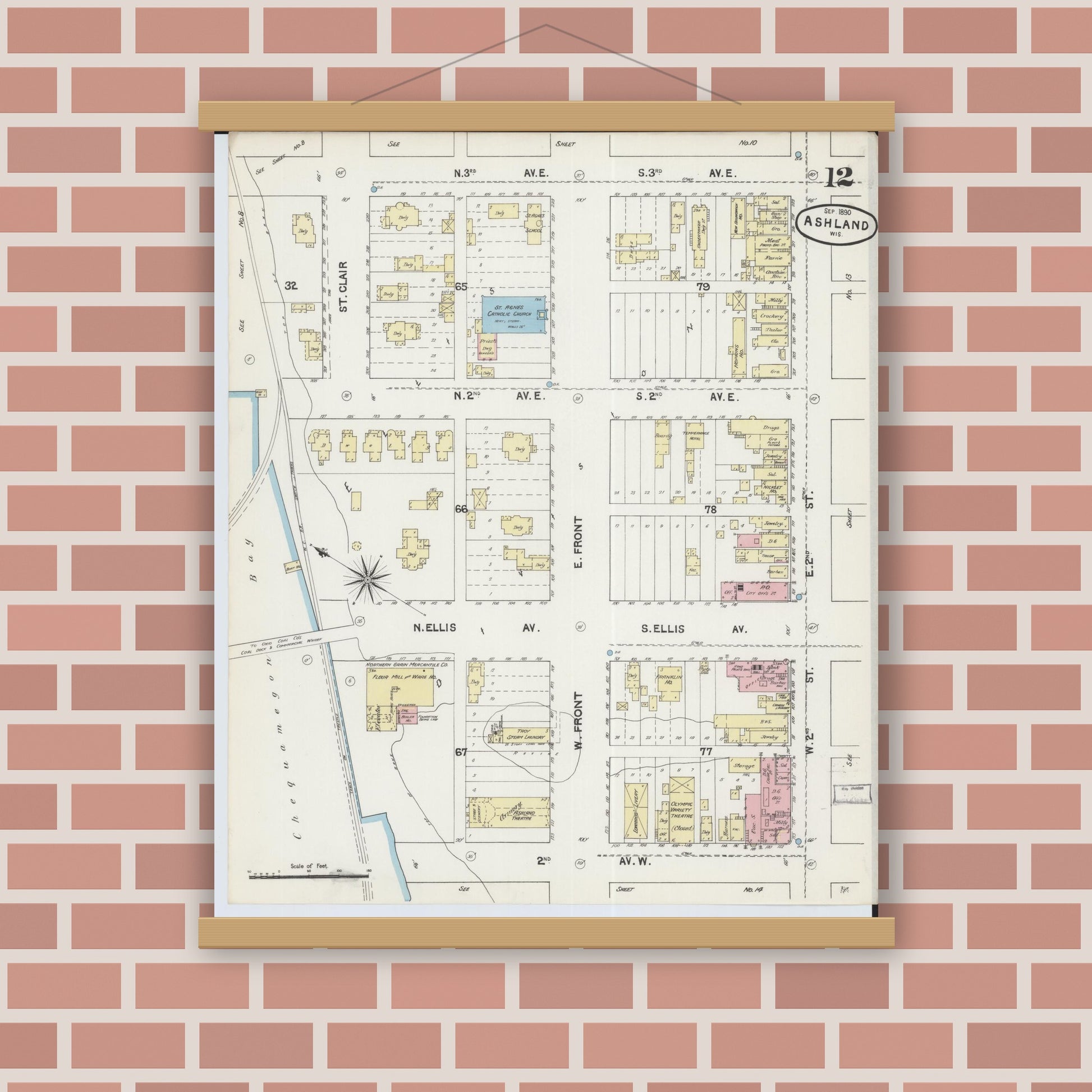 Old map wall art mockup — magnetic wood frame on brick wall — Sanborn Fire Insurance Map from Ashland, Ashland County, Wisconsin (1890), Sheet #0012