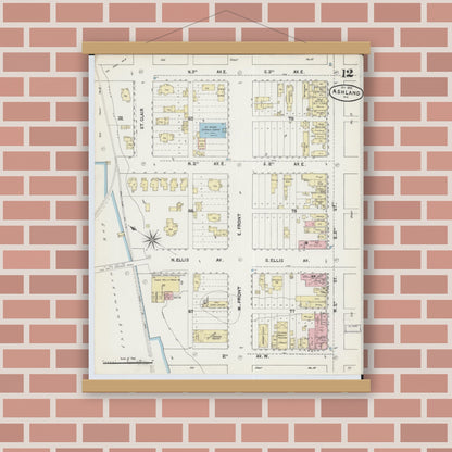Old map wall art mockup — magnetic wood frame on brick wall — Sanborn Fire Insurance Map from Ashland, Ashland County, Wisconsin (1890), Sheet #0012
