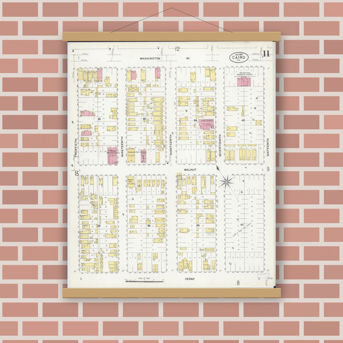 Old map wall art mockup — magnetic wood frame on brick wall — Sanborn Fire Insurance Map from Cairo, Alexander County, Illinois (1907), Sheet #0011