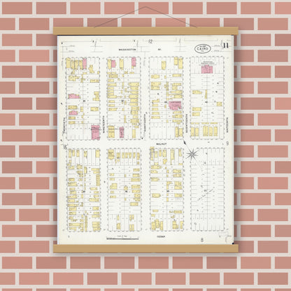Old map wall art mockup — magnetic wood frame on brick wall — Sanborn Fire Insurance Map from Cairo, Alexander County, Illinois (1907), Sheet #0011