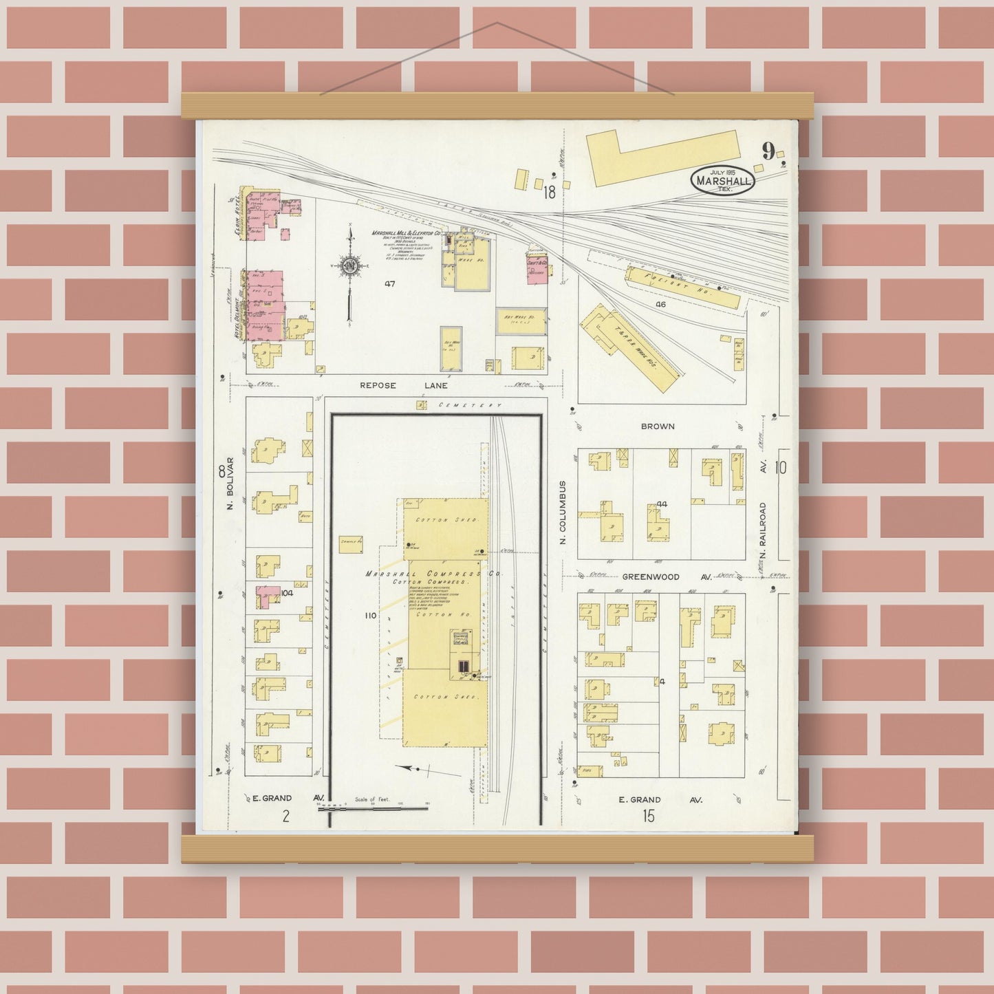 Old map wall art mockup — magnetic wood frame on brick wall — Sanborn Fire Insurance Map from Marshall, Harrison County, Texas (1915), Sheet #0009