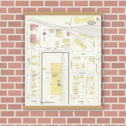Old map wall art mockup — magnetic wood frame on brick wall — Sanborn Fire Insurance Map from Marshall, Harrison County, Texas (1915), Sheet #0009