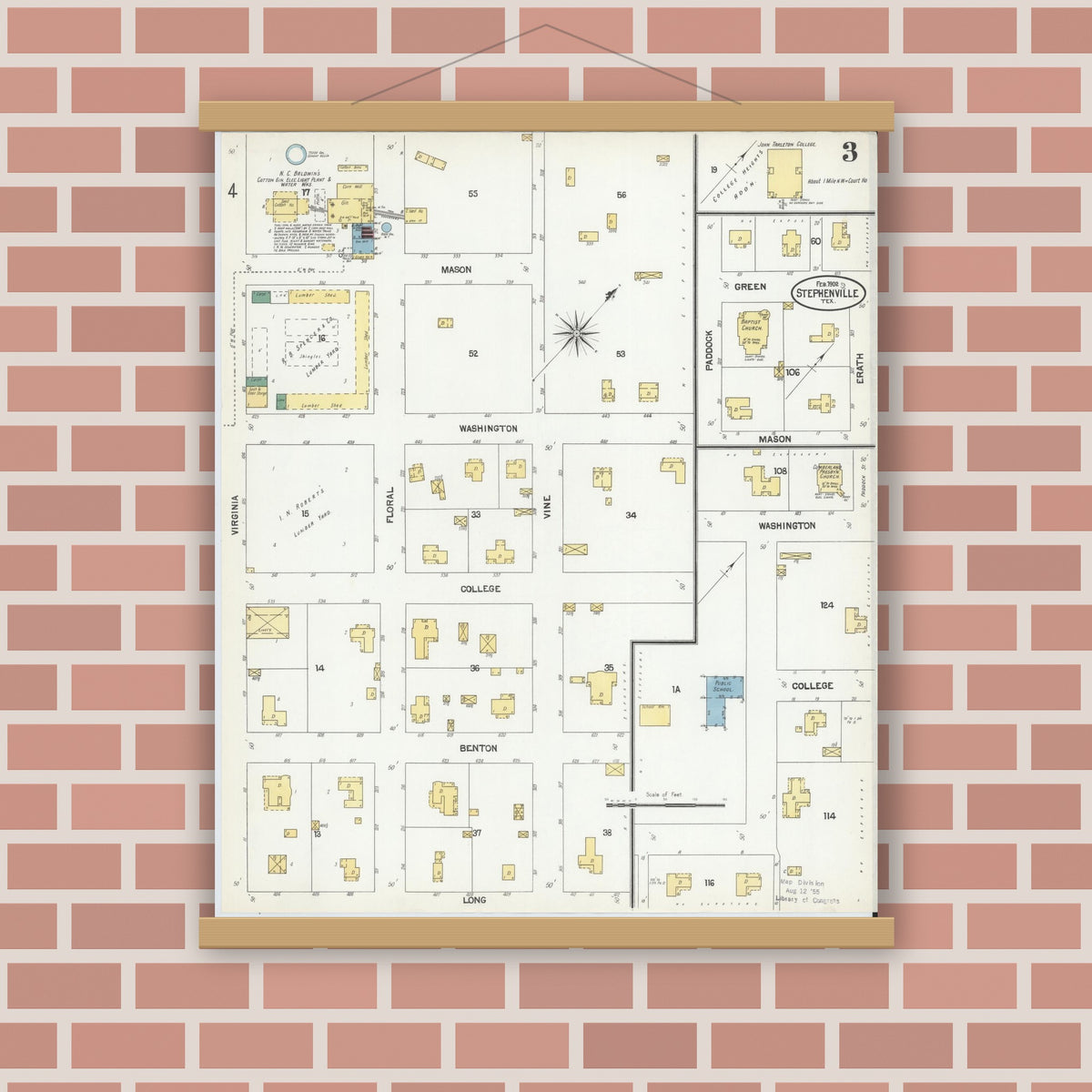 Old map wall art mockup — magnetic wood frame on brick wall — Sanborn Fire Insurance Map from Stephenville, Erath County, Texas (1902), Sheet #0003