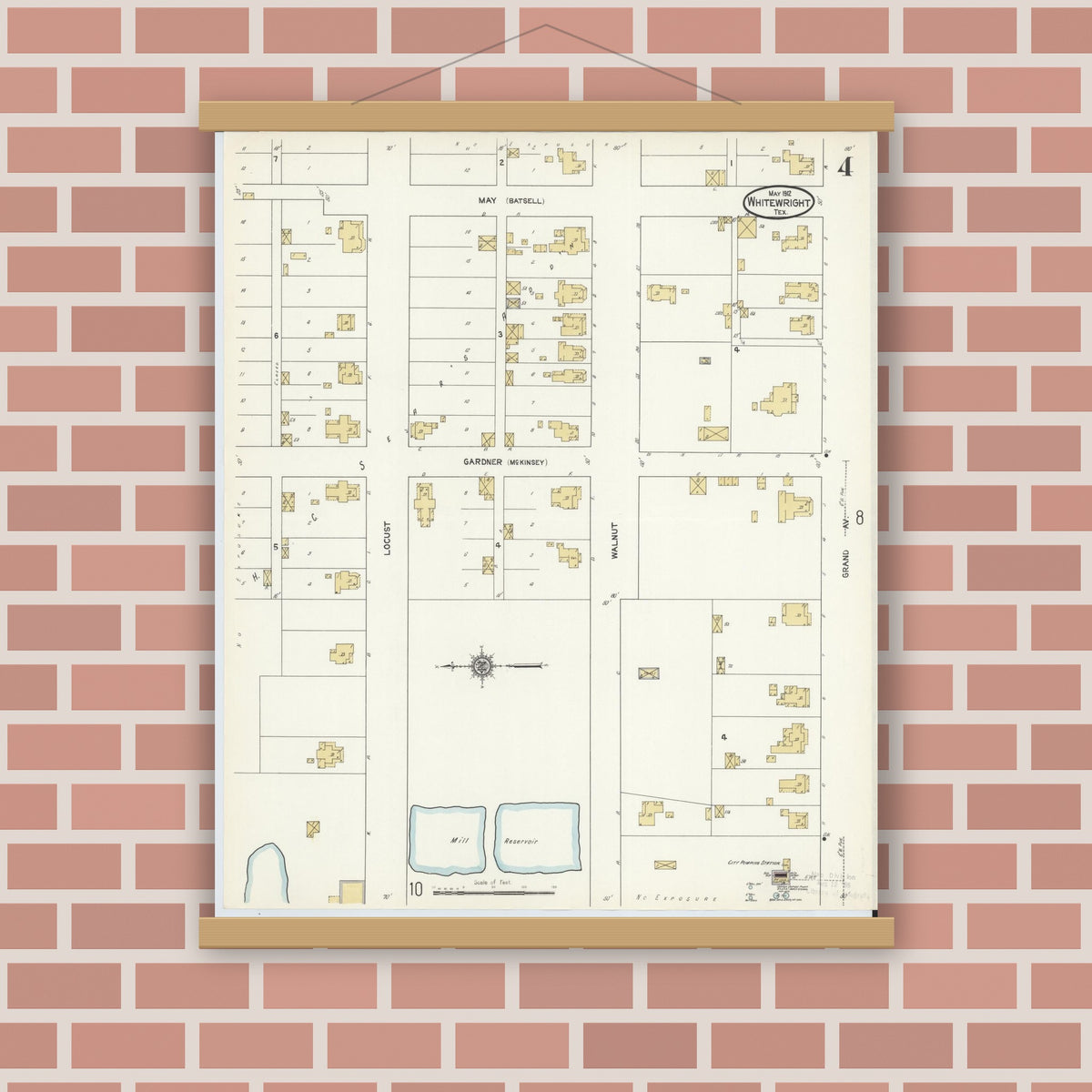 Old map wall art mockup — magnetic wood frame on brick wall — Sanborn Fire Insurance Map from Whitewright, Grayson County, Texas (1912), Sheet #0004