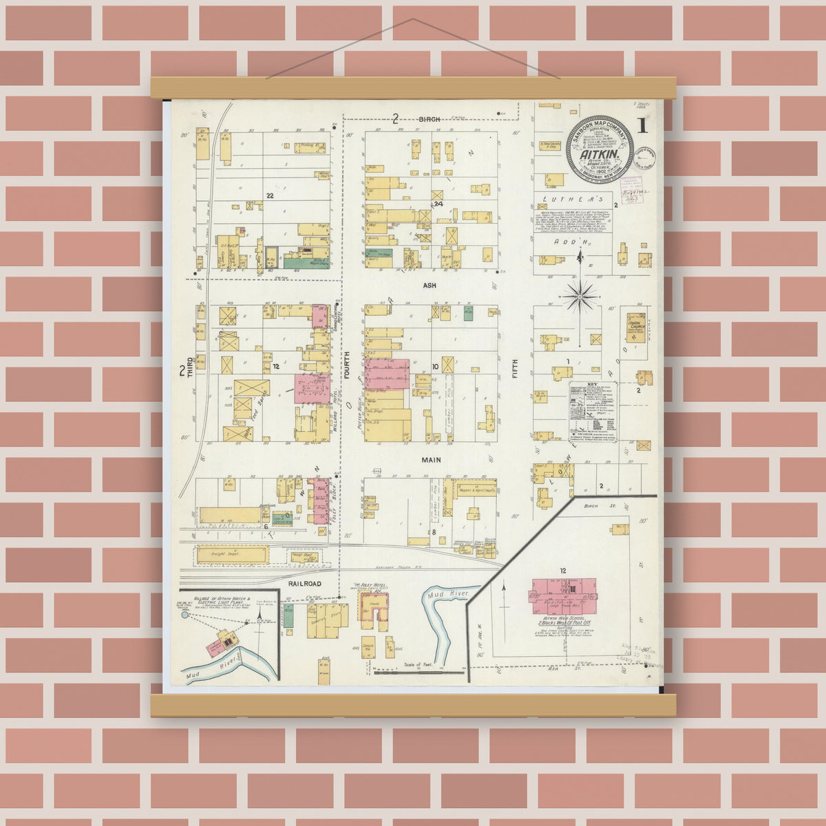 Old map wall art mockup — magnetic wood frame on brick wall — Sanborn Fire Insurance Map from Aitkin, Aitkin County, Minnesota (1902) - Complete Map Set