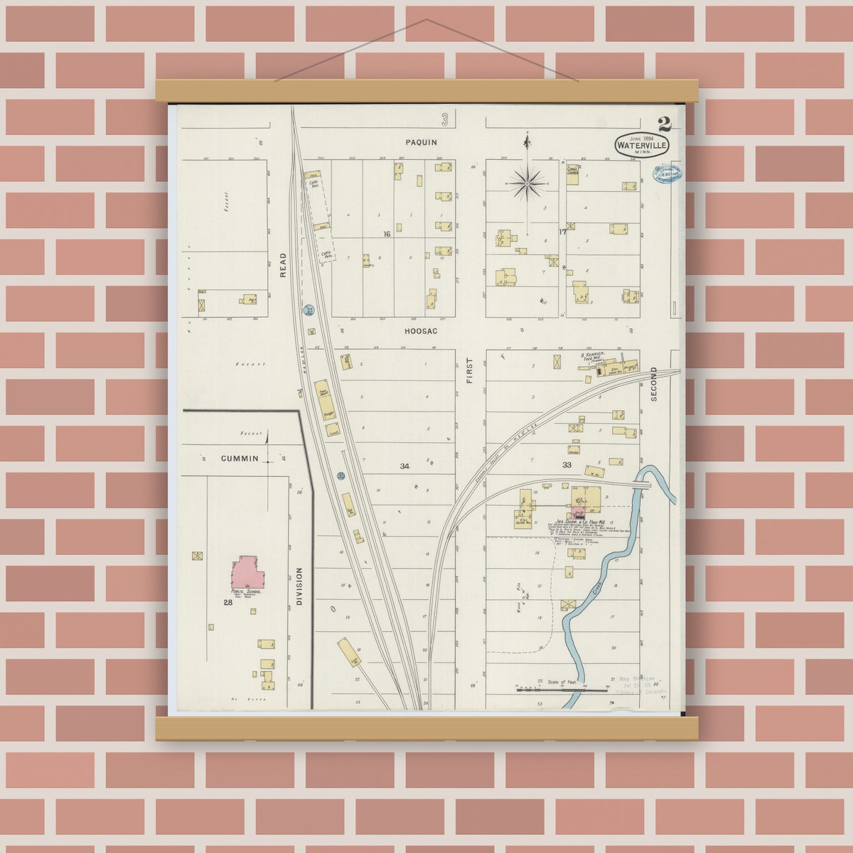Old map wall art mockup — magnetic wood frame on brick wall — Sanborn Fire Insurance Map from Waterville, Le Sueur County, Minnesota (1894), Sheet #0002