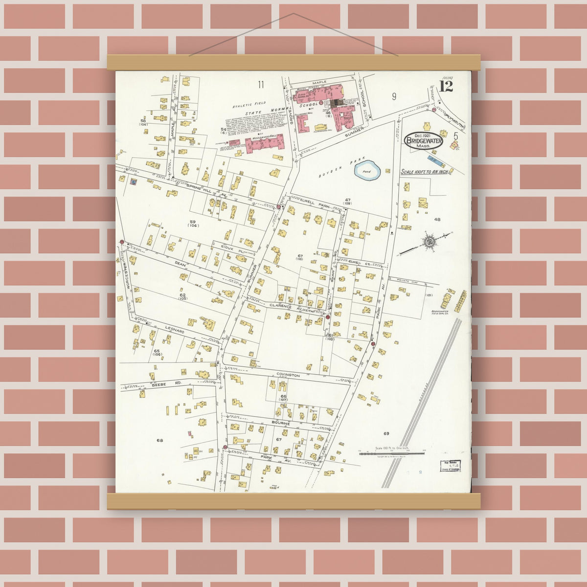 Old map wall art mockup — magnetic wood frame on brick wall — Sanborn Fire Insurance Map from Bridgewater, Plymouth County, Massachusetts (1921), Sheet #0012