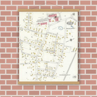 Old map wall art mockup — magnetic wood frame on brick wall — Sanborn Fire Insurance Map from Bridgewater, Plymouth County, Massachusetts (1921), Sheet #0012