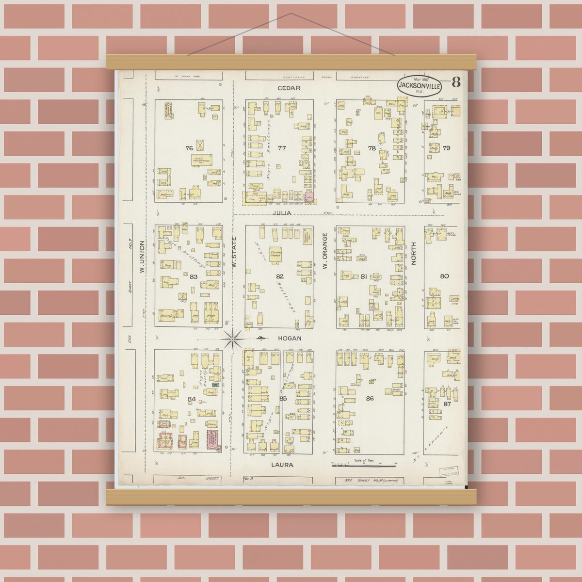 Old map wall art mockup — magnetic wood frame on brick wall — Sanborn Fire Insurance Map from Jacksonville, Duval County, Florida (1887), Sheet #0008