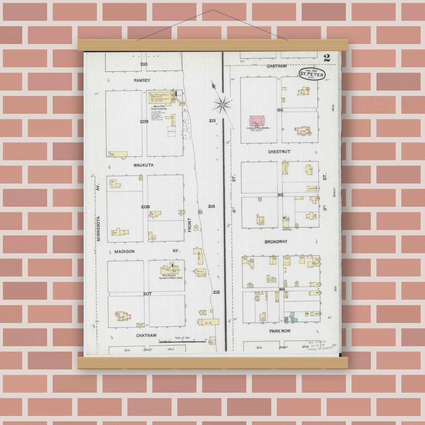 Old map wall art mockup — magnetic wood frame on brick wall — Sanborn Fire Insurance Map from Saint Peter, Nicollet County, Minnesota (1889), Sheet #0002