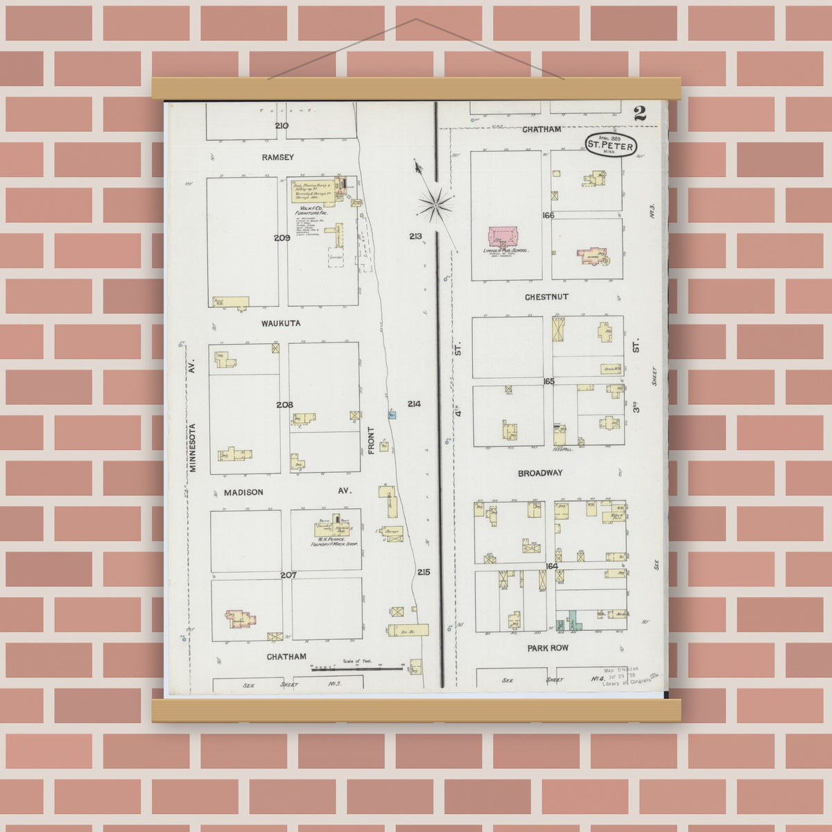 Old map wall art mockup — magnetic wood frame on brick wall — Sanborn Fire Insurance Map from Saint Peter, Nicollet County, Minnesota (1889), Sheet #0002