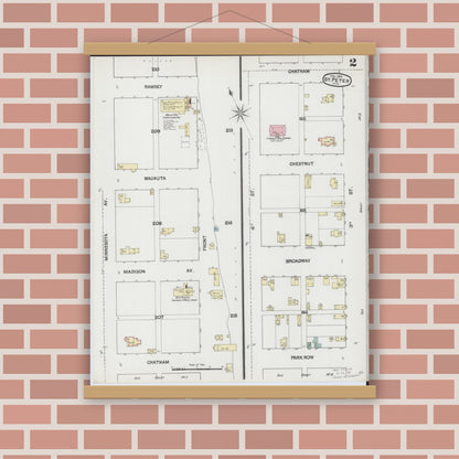 Old map wall art mockup — magnetic wood frame on brick wall — Sanborn Fire Insurance Map from Saint Peter, Nicollet County, Minnesota (1889), Sheet #0002