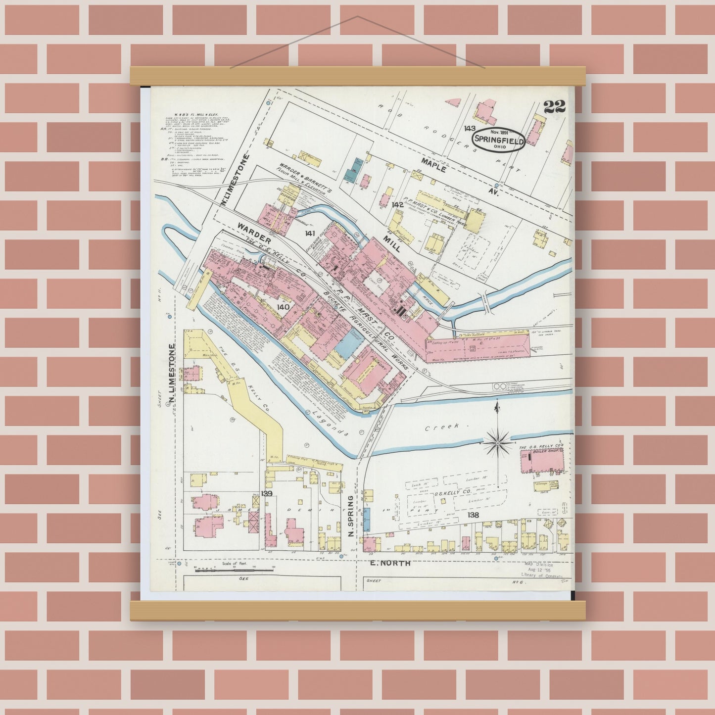 Old map wall art mockup — magnetic wood frame on brick wall — Sanborn Fire Insurance Map from Springfield, Clark County, Ohio (1891), Sheet #0022