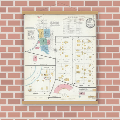 Old map wall art mockup — magnetic wood frame on brick wall — Sanborn Fire Insurance Map from Montevideo, Chippewa County, Minnesota (1899) - Complete Map Set